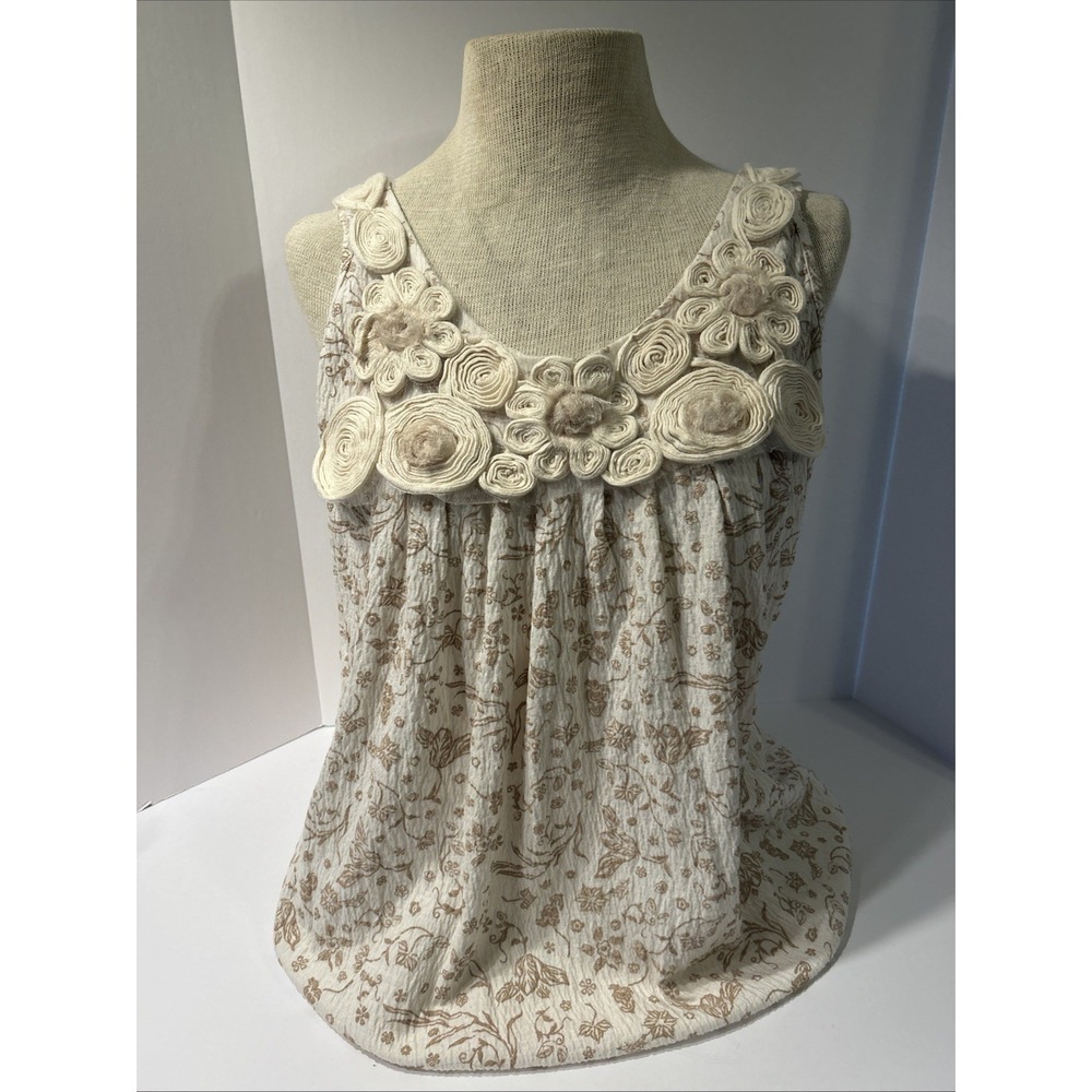 Susan Lawrence Tank Womens Beige Floral Rosette Elastic Hem Stretch Knit Large